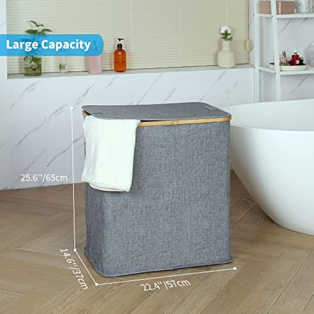 Efluky 140L Large Divided Laundry Hamper with Lid | Bamboo & Linen