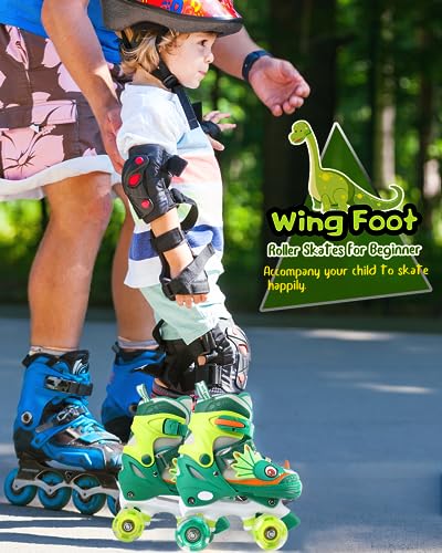 WESKIFAN Kids Dinosaur Roller Skates | Adjustable Quad Shoes with Light Up Wheels