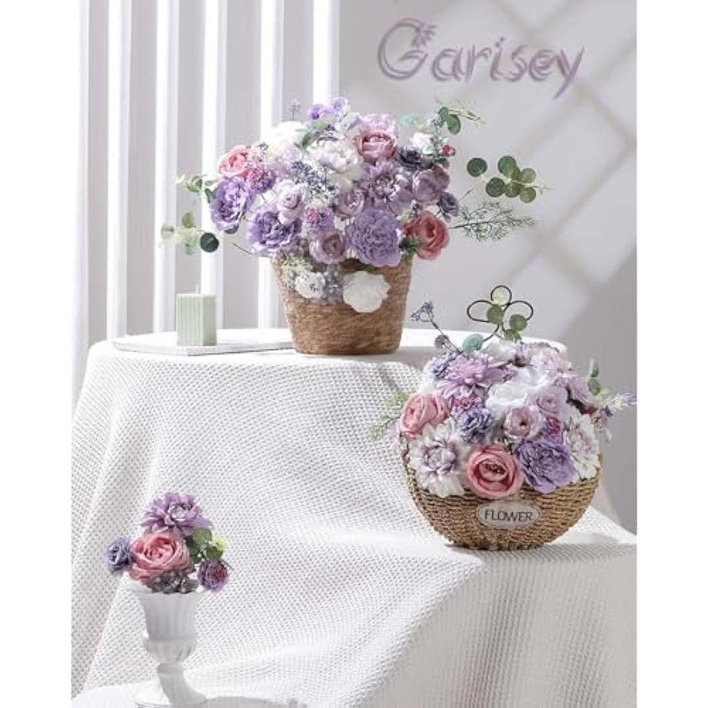 Garisey Artificial Flowers Combo Box Set | White Purple Silk Peony & Rose
