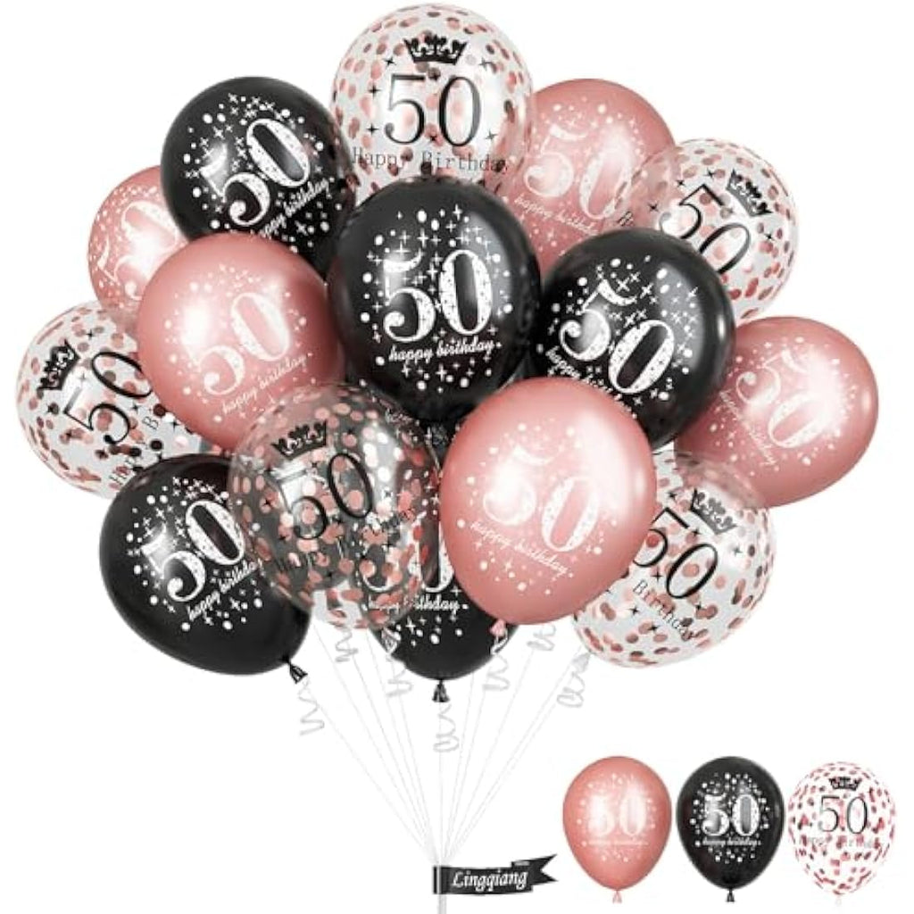 50th Birthday Balloons - 15pc Rose Gold & Black Party Decor