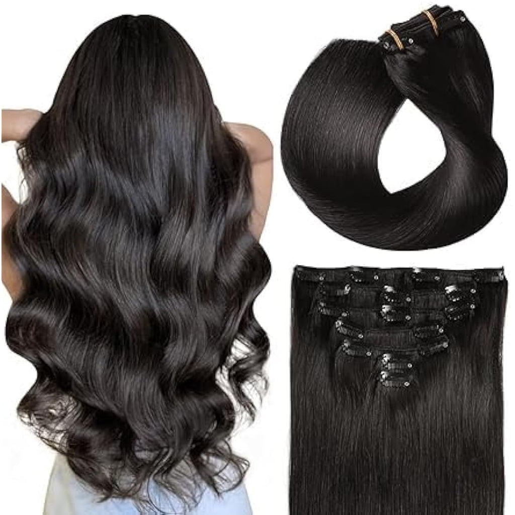 Suyya Clip in Human Hair Extensions | 12 Inch Remy Straight #1B Black