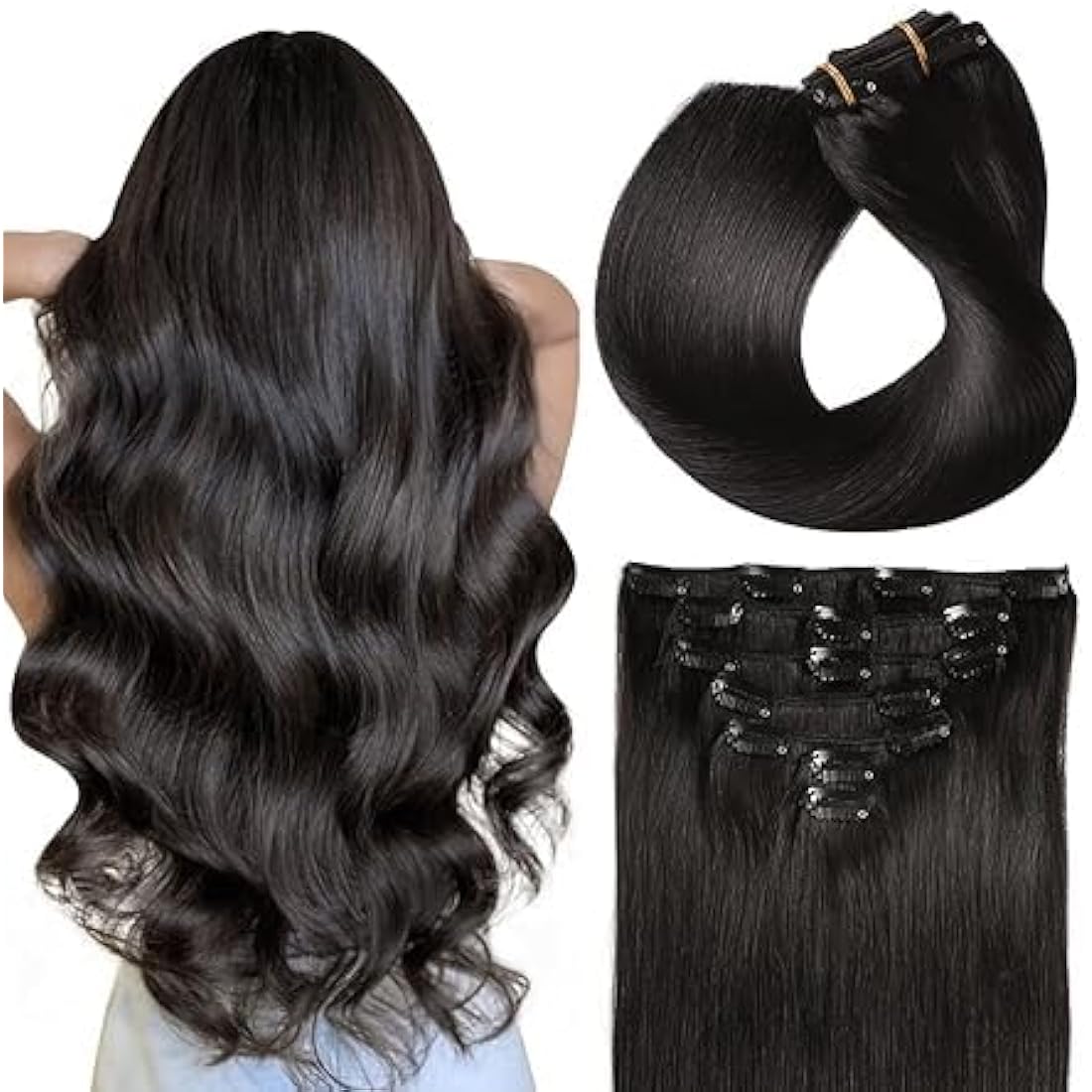 Suyya Clip in Human Hair Extensions | 12 Inch Remy Straight #1B Black
