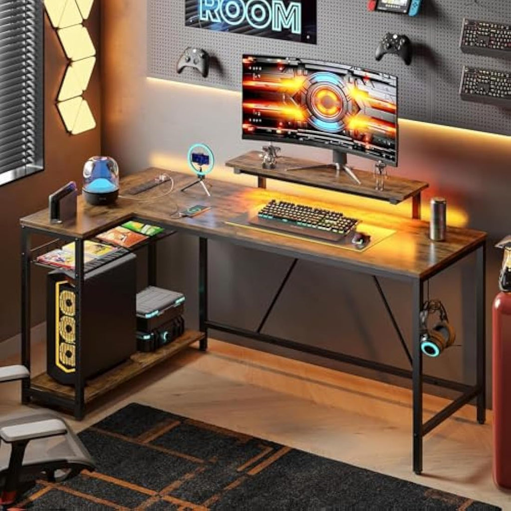 147CM L-Shaped Gaming Desk with LED Lights & Power Outlets