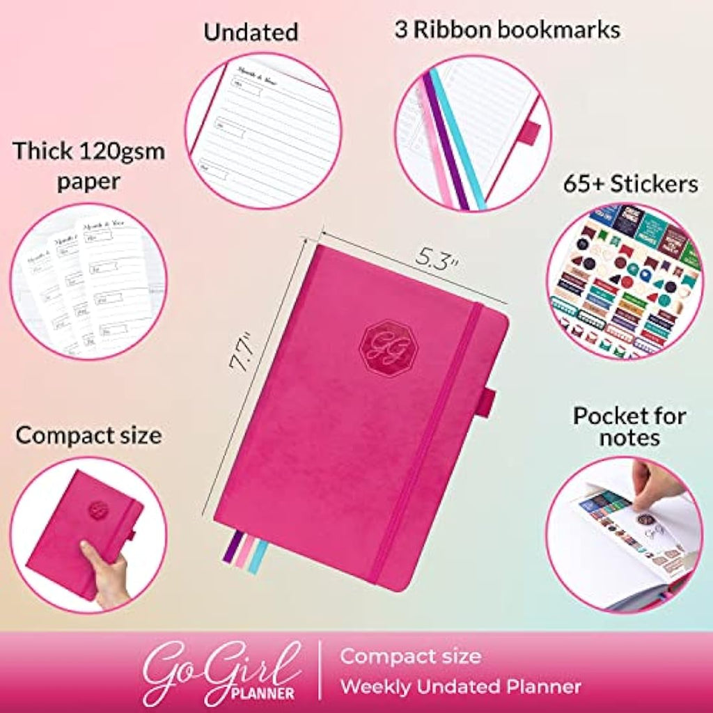 GoGirl Undated Weekly Planner – Compact Goal Journal & Organizer, Hot Pink