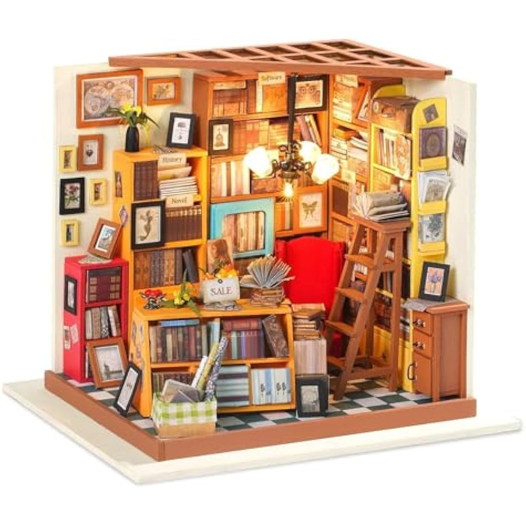 RoWood DIY Miniature Library Dollhouse Kit – 1:24 Scale Wooden Model