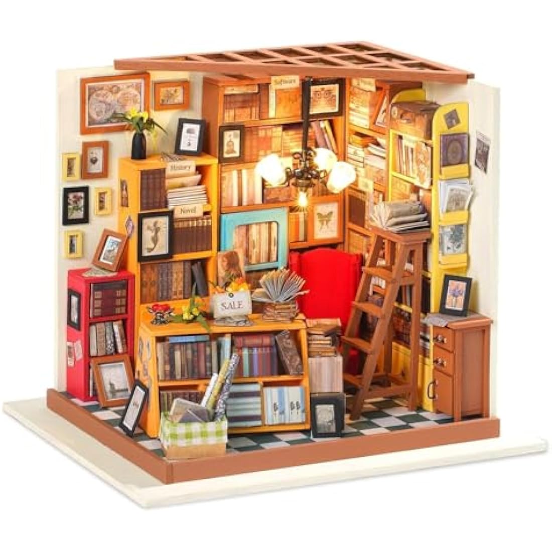 RoWood DIY Miniature Library Dollhouse Kit – 1:24 Scale Wooden Model