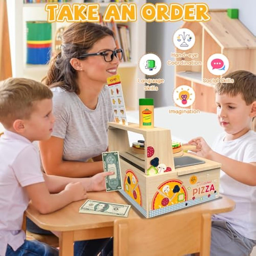 Wooden Pizza Counter Play Set – 49 Piece Pretend Kitchen Toy