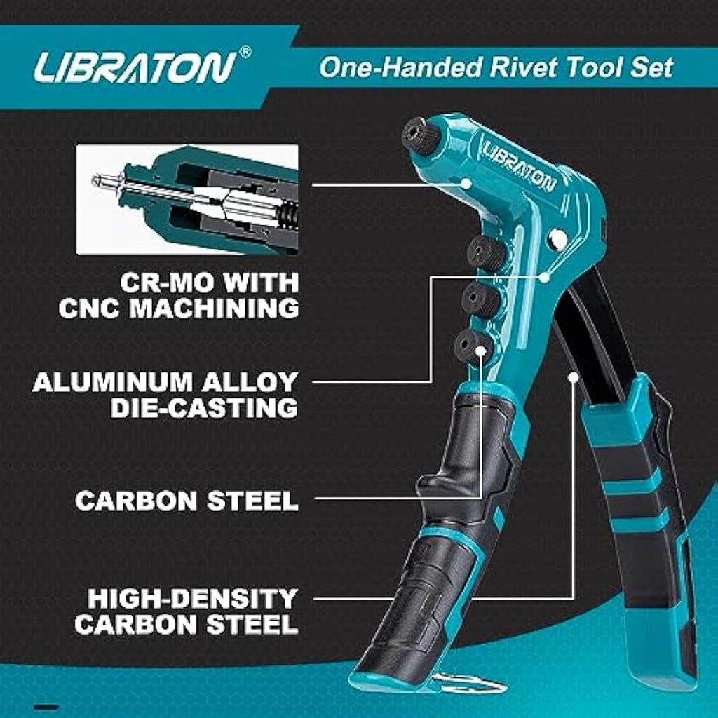 Libraton One-Handed Rivet Gun Set | Professional Hand Riveter with 200 Rivets