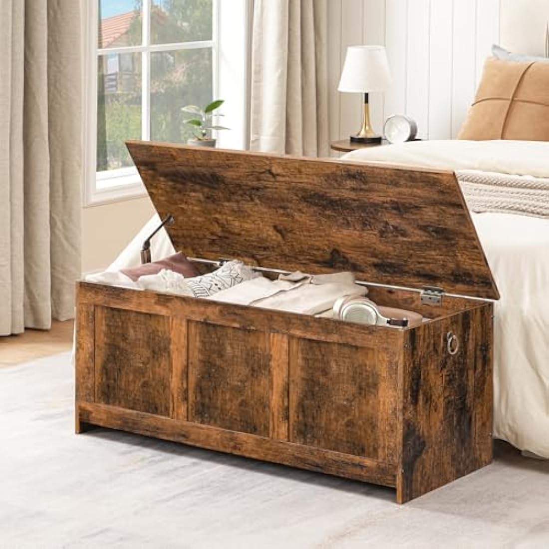HOOBRO Wooden Storage Chest – Large Rustic Brown Toy Box & Shoe Bench