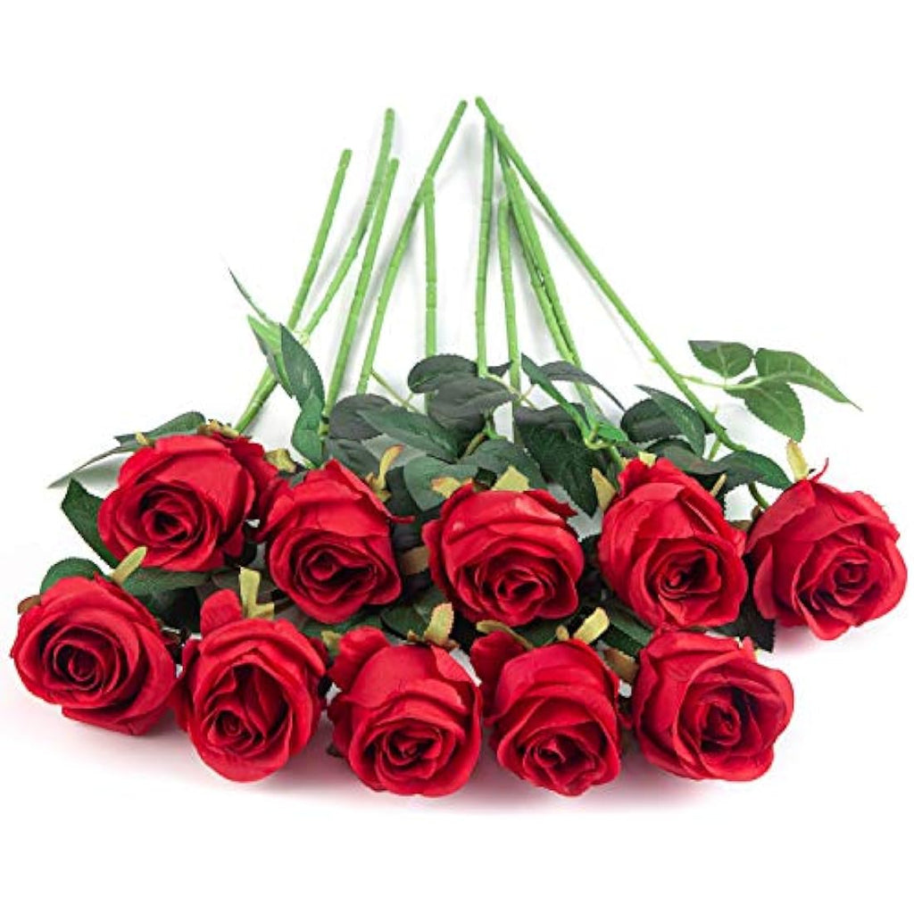 10pcs Artificial Silk Roses – Long Stem Red Wedding Flowers