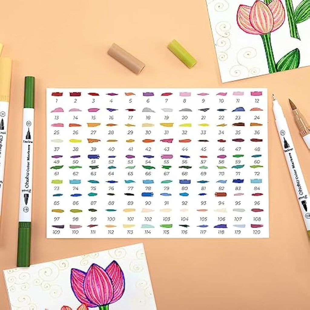 Ohuhu 120 Dual Tip Brush Markers – Maui Series Art Pens with Case