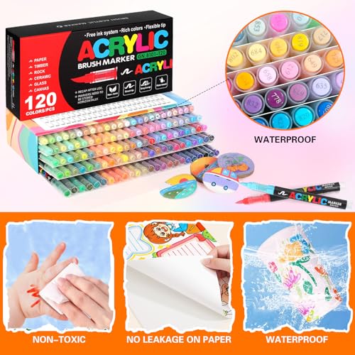 Gunsamg 120 Colors Acrylic Paint Marker Set | 1-5mm Flexible Brush Tip