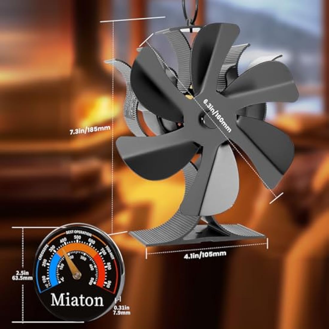 6-Blade Heat Powered Wood Burner Fan with Thermometer