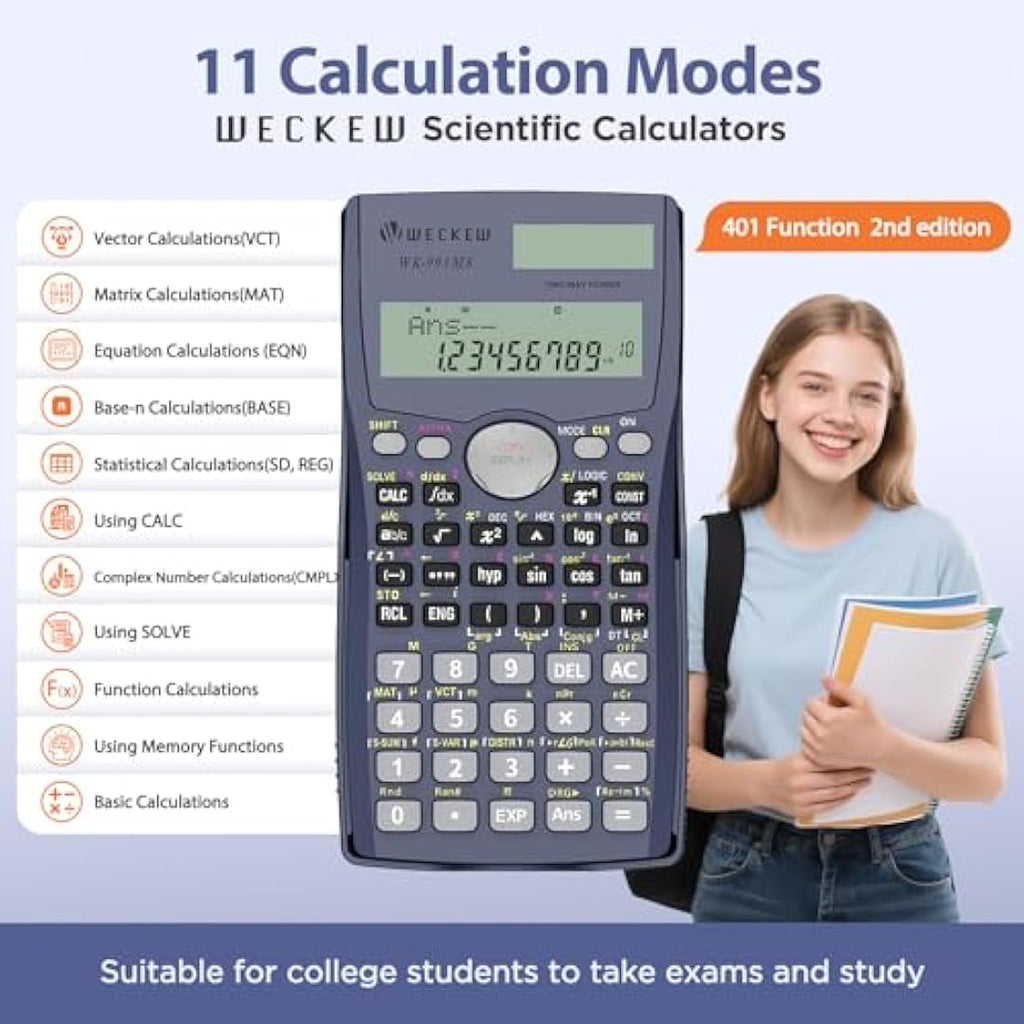 WECKEW Scientific Calculator – 401 Functions, Solar & 2-Line LCD