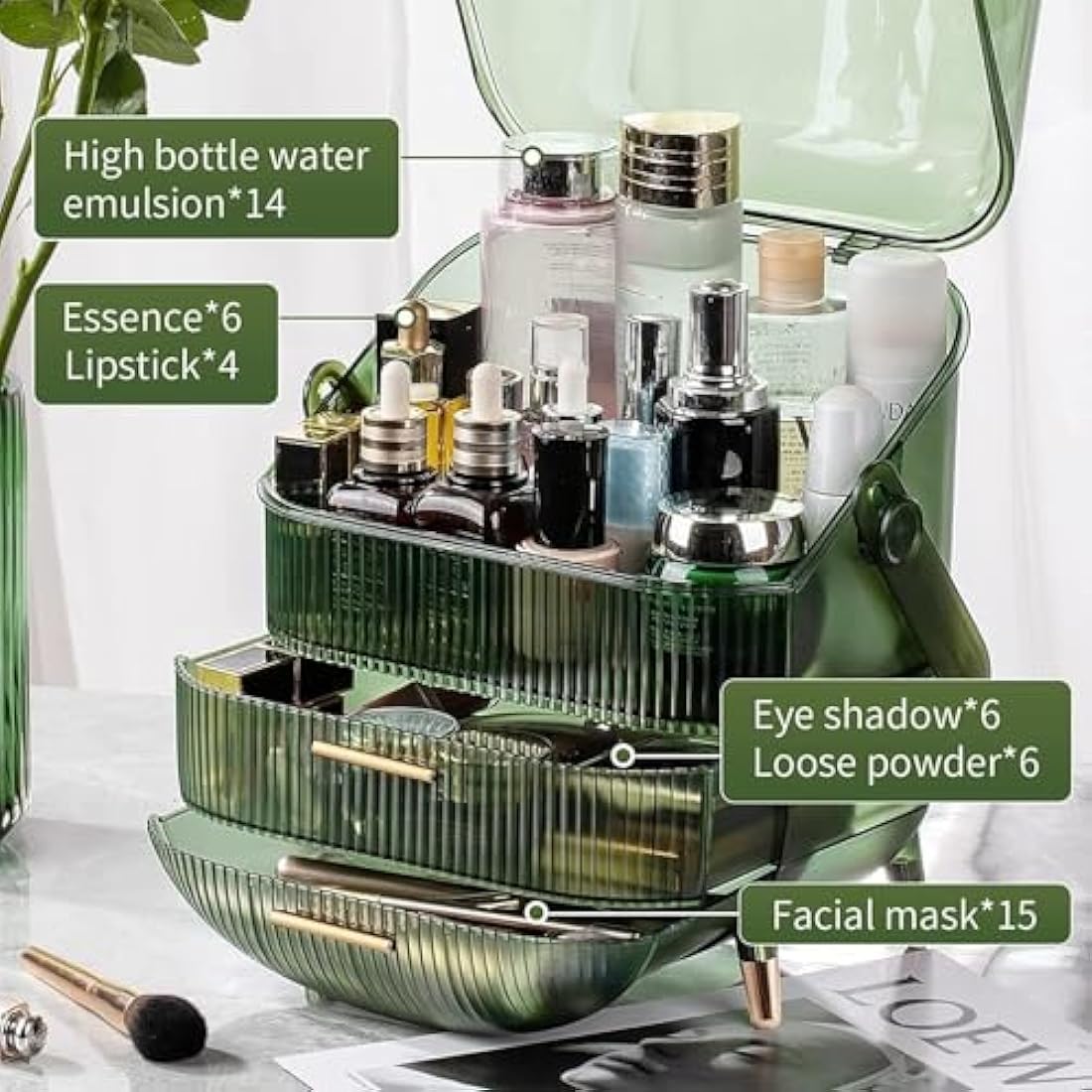 SIOOUI Makeup Organizer | 3-Layer Large Cosmetic Display Case – Clear Green
