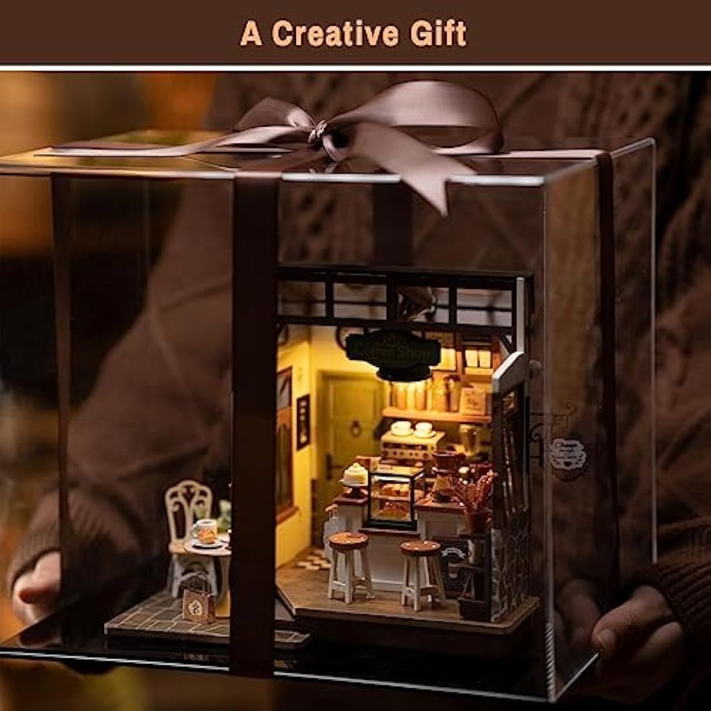 ROBOTIME DIY Wooden Miniature Coffee House Kit with LED Light - 1:24 Scale