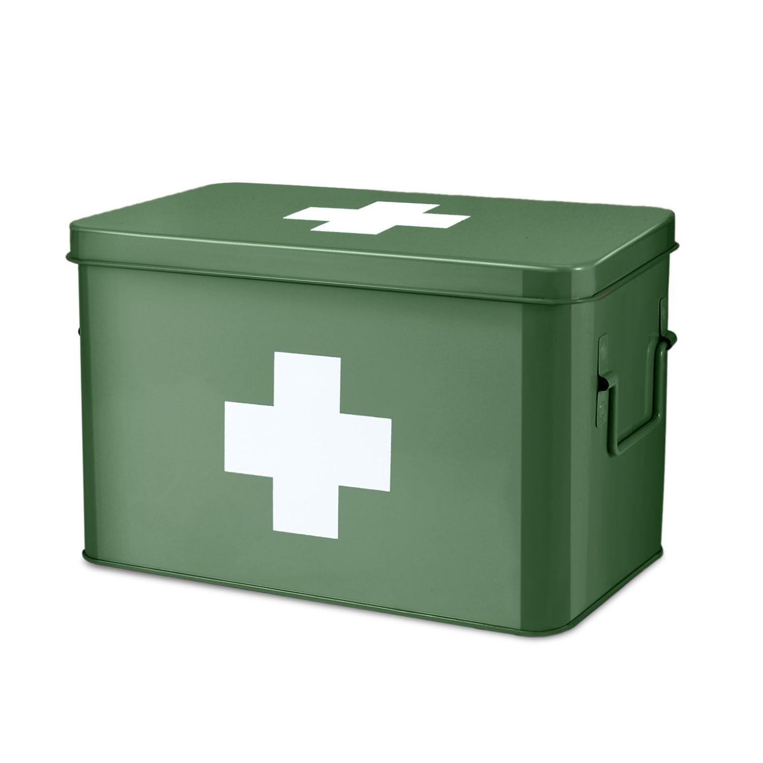 Flexzion 13" Metal First Aid Box Organizer – Green Vintage Medical Tin