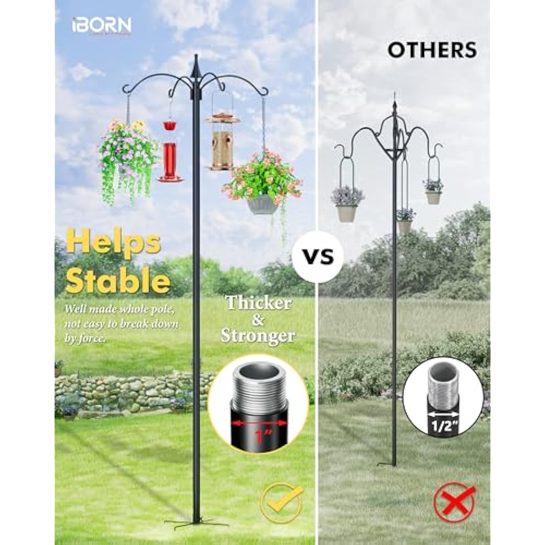 iBorn Heavy Duty Bird Feeding Station – 87 Inch Metal Pole with 4 Hooks