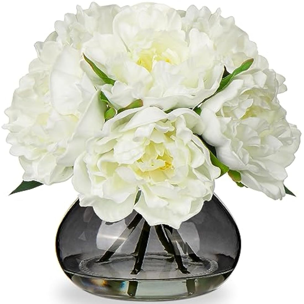 Oairse Real Touch Artificial Peony Flowers in Glass Vase with Faux Water