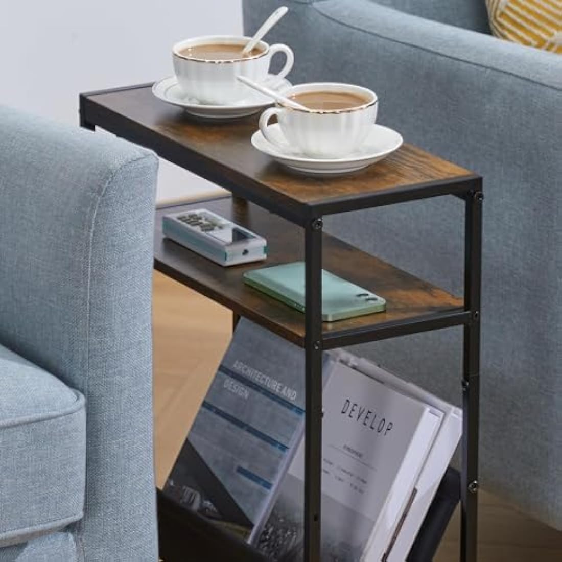 ZEXVIDA Narrow End Table with Magazine Holder – Slim Industrial Side Table