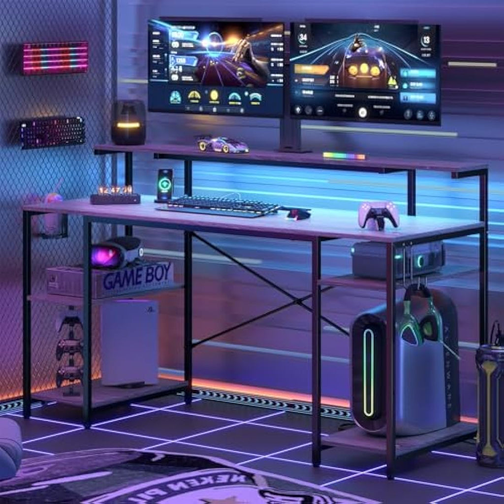 Bestier 140cm Gaming Desk with LED Lights, Power Outlets & Monitor Shelf