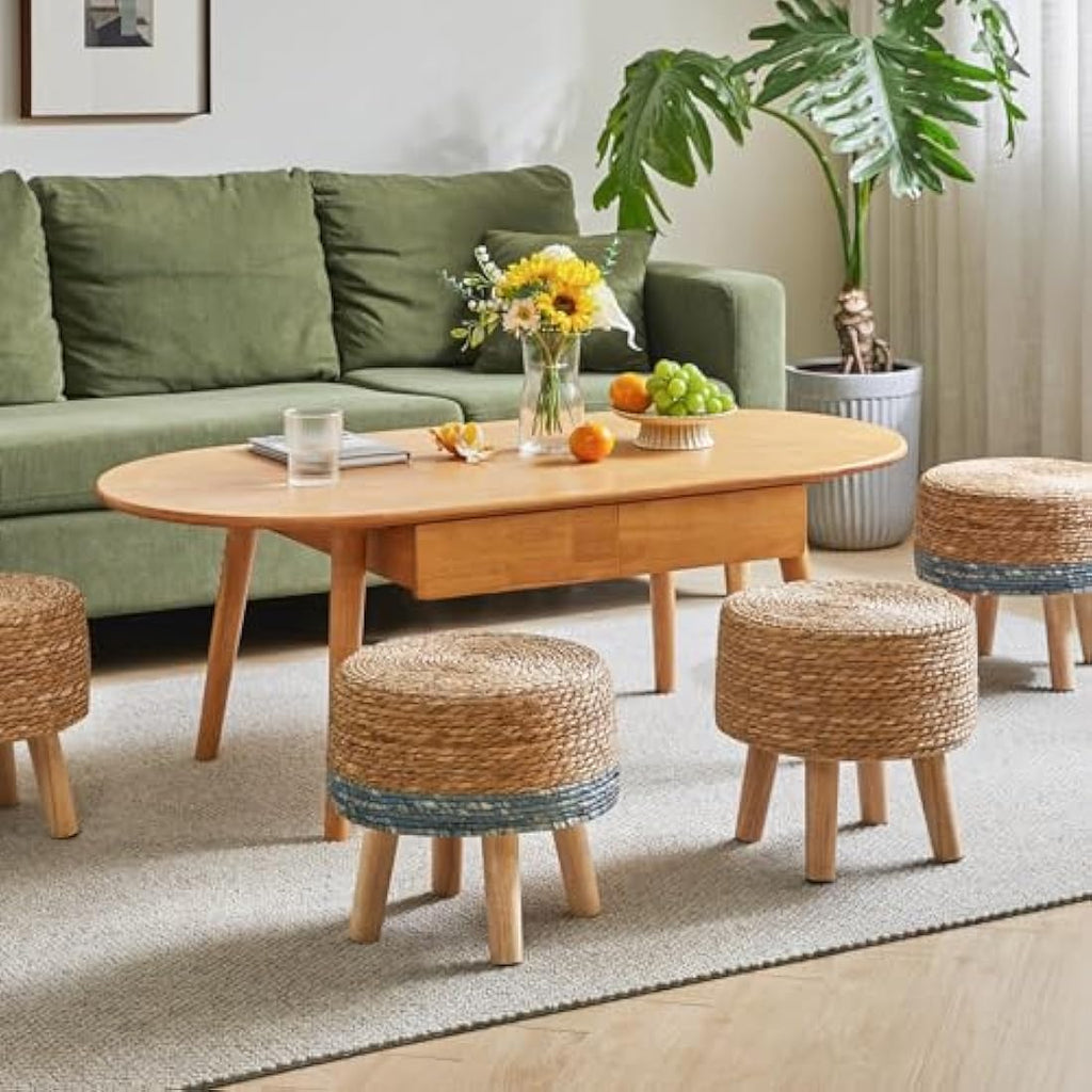 YMYNY Natural Seagrass Footstool – Hand-Woven Pastoral Ottoman with Pine Legs