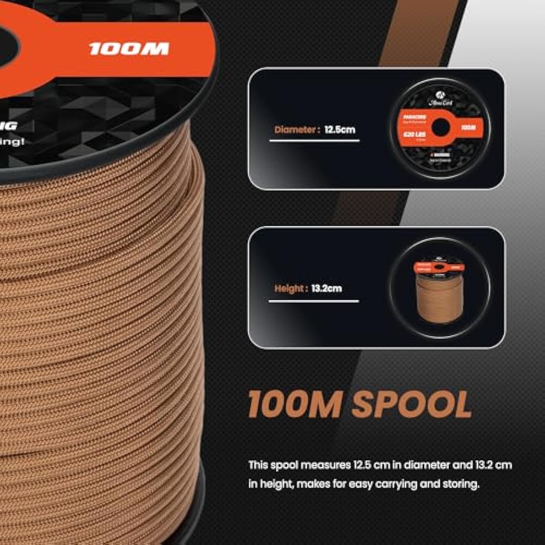Abma Cord 4mm Type III Nylon Paracord – 9 Strands, 100m Coyote Brown