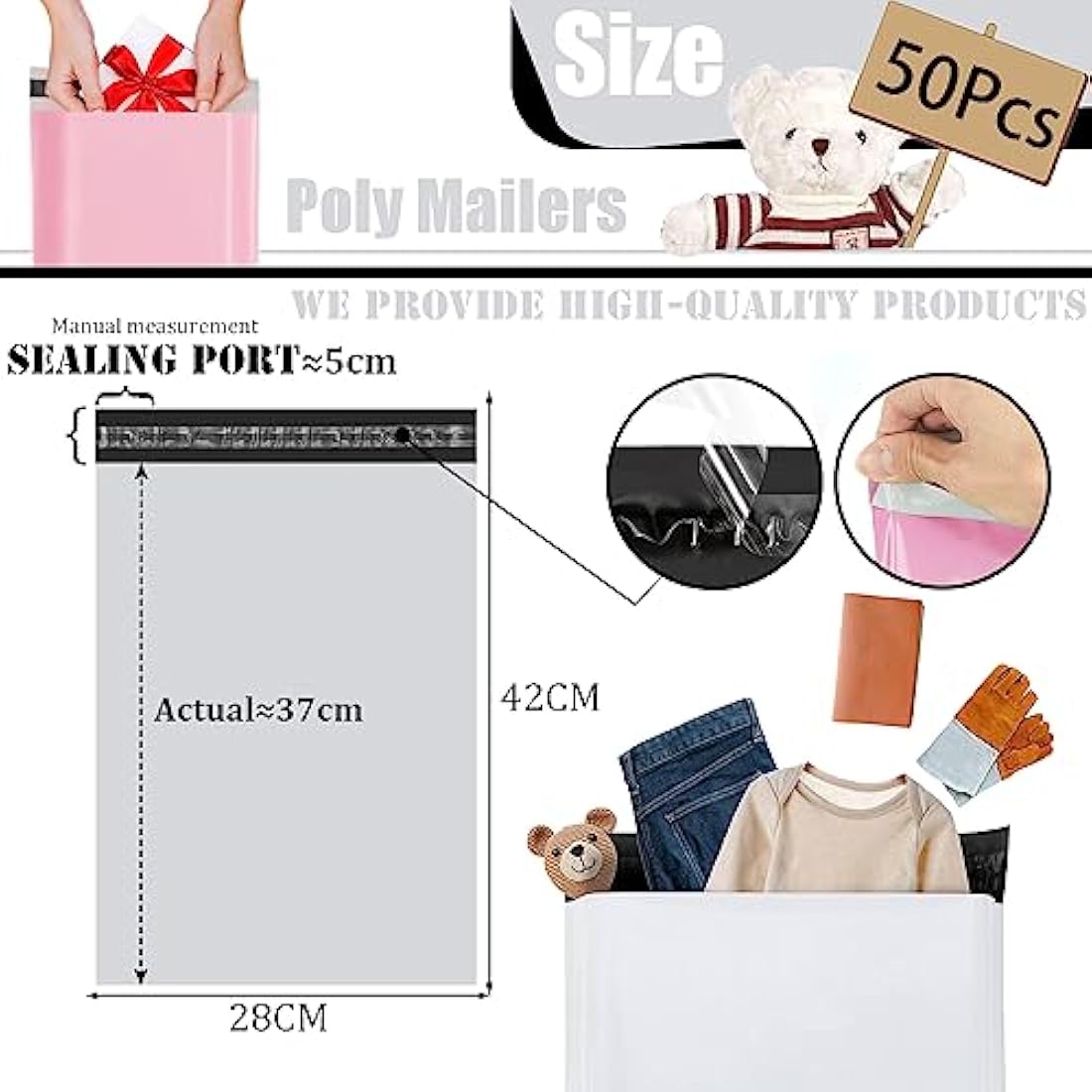 YAAVAAW 50pcs White Poly Mailers – 28x42cm Self Seal Mailing Bags