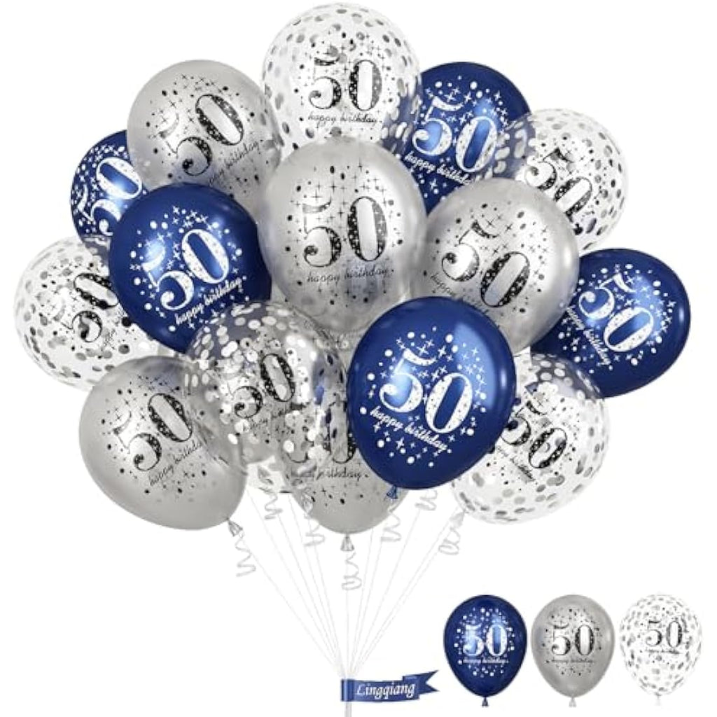 Jolof Store 50th Birthday Balloons - 15pc Navy Blue & Silver Party Decor