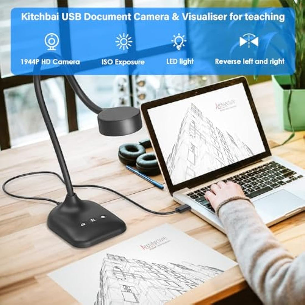 Kitchbai USB Document Camera – HD Visualiser with Auto Focus & LED Light