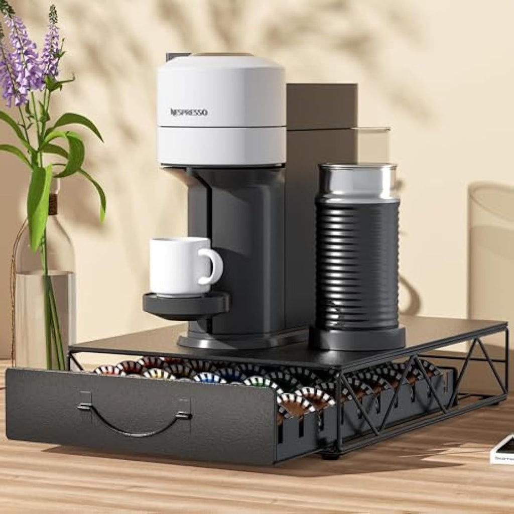 HFHOME Metal Coffee Pod Holder – 50 Capsule Drawer for Nespresso Vertuo