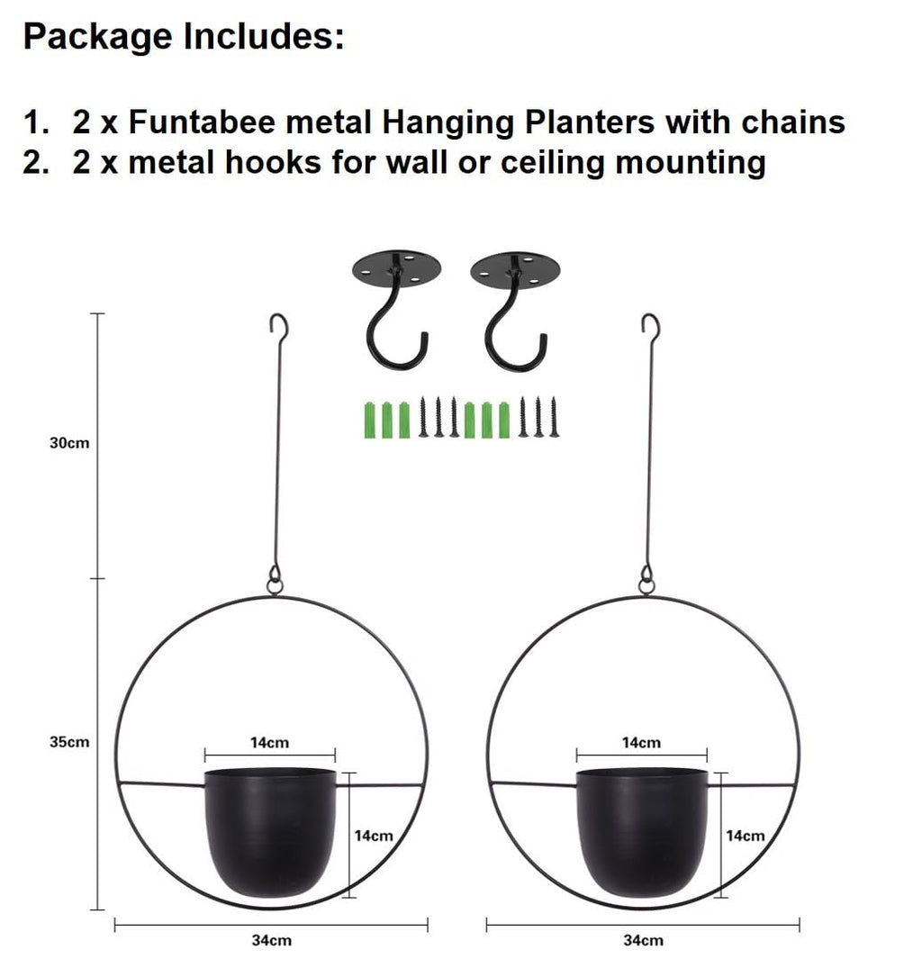 Funtabee Mid-Century Modern Hanging Planter | Black Metal Pots, 2-Pack
