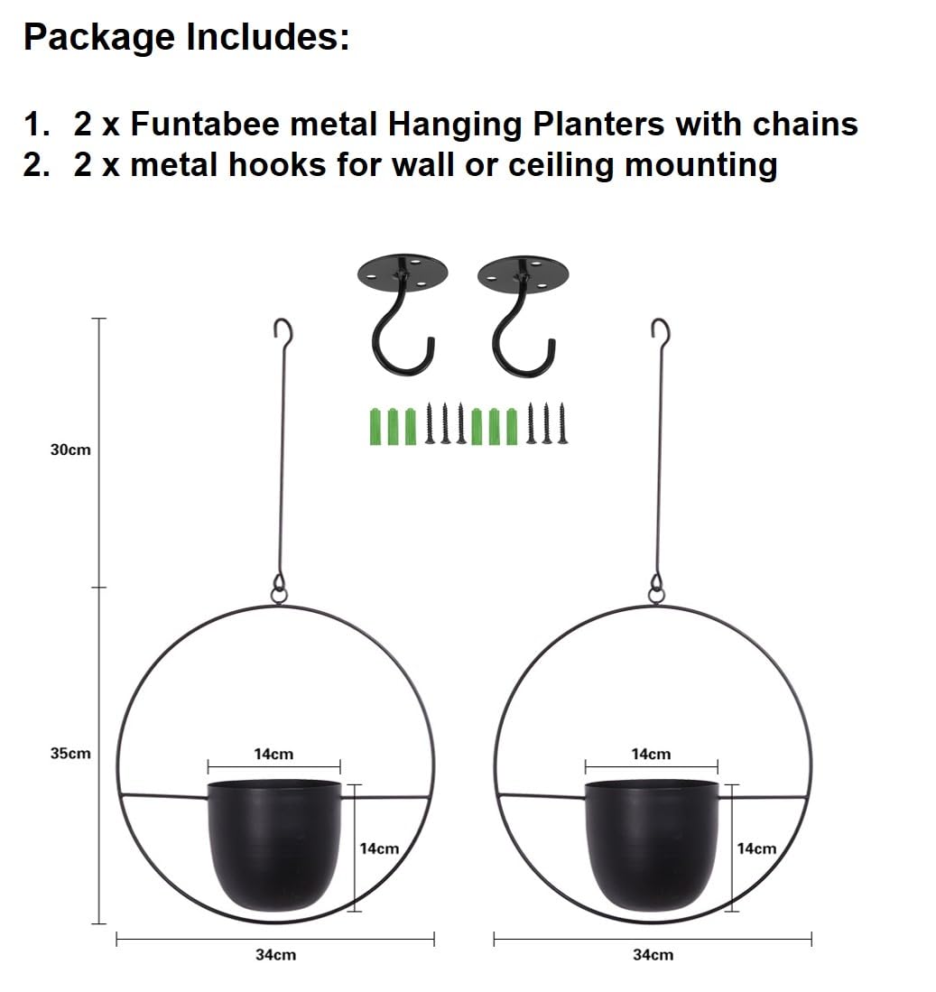 Funtabee Mid-Century Modern Hanging Planter | Black Metal Pots, 2-Pack