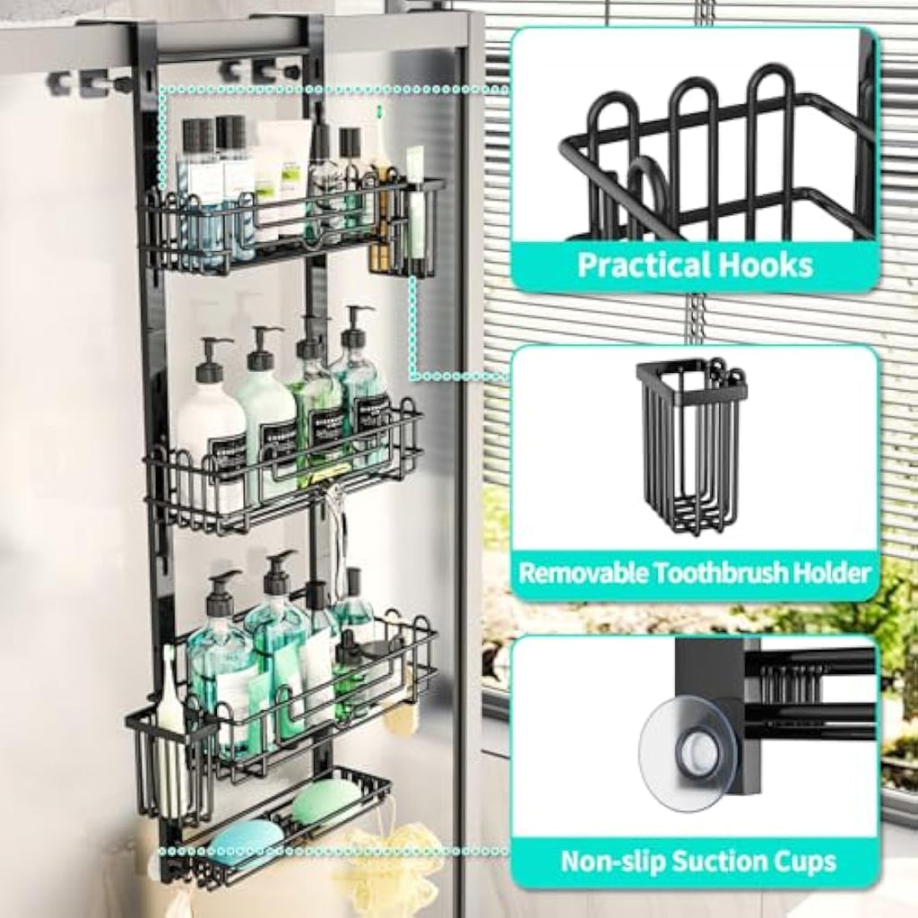 HapiRm 4-Tier Over Door Shower Caddy – Stainless Steel Organizer, Black