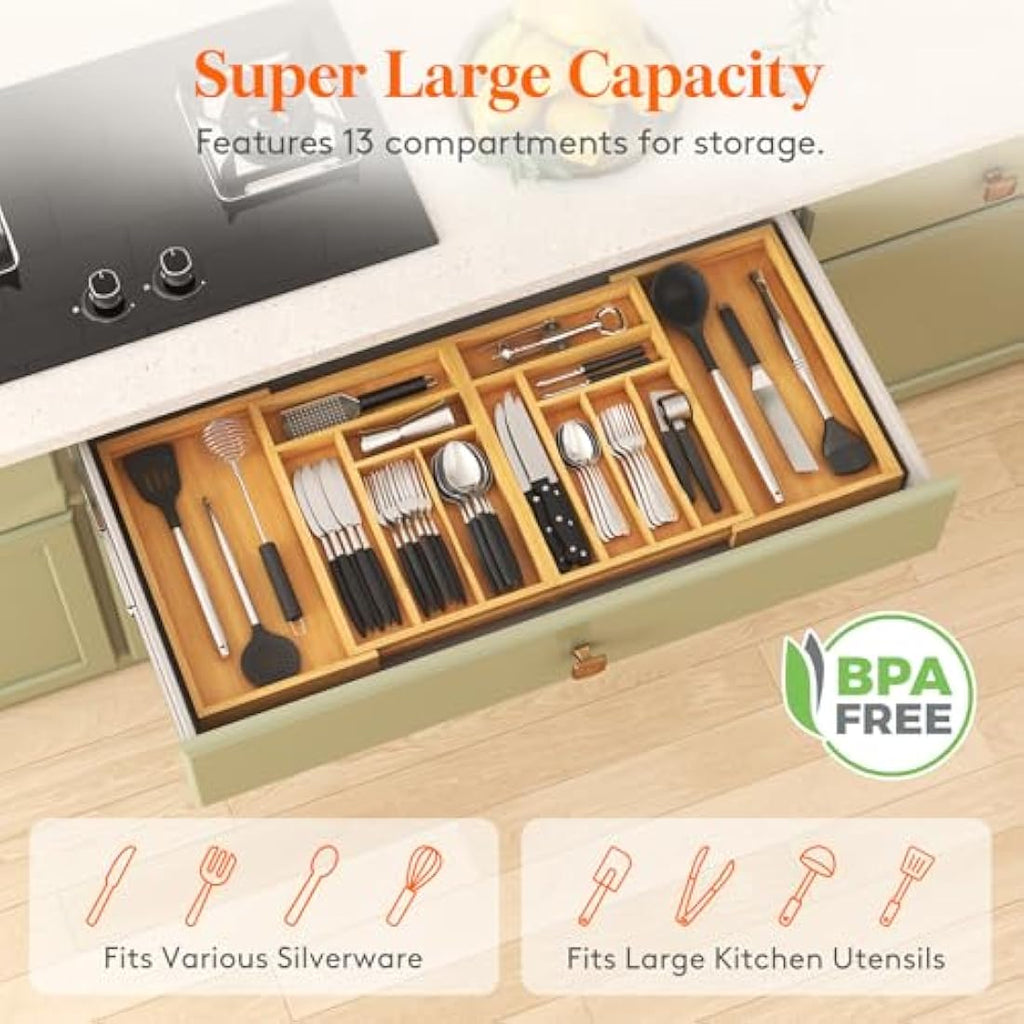 Lifewit Expandable Cutlery Drawer Organiser | Extra Large Bamboo Tray