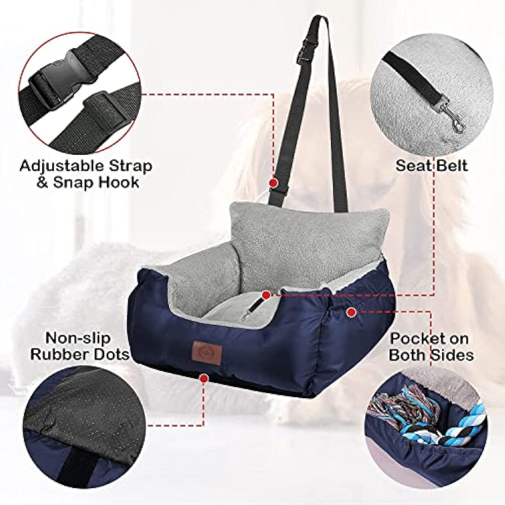 Dog Booster Seat - Waterproof Plush Car Travel Bed, Navy