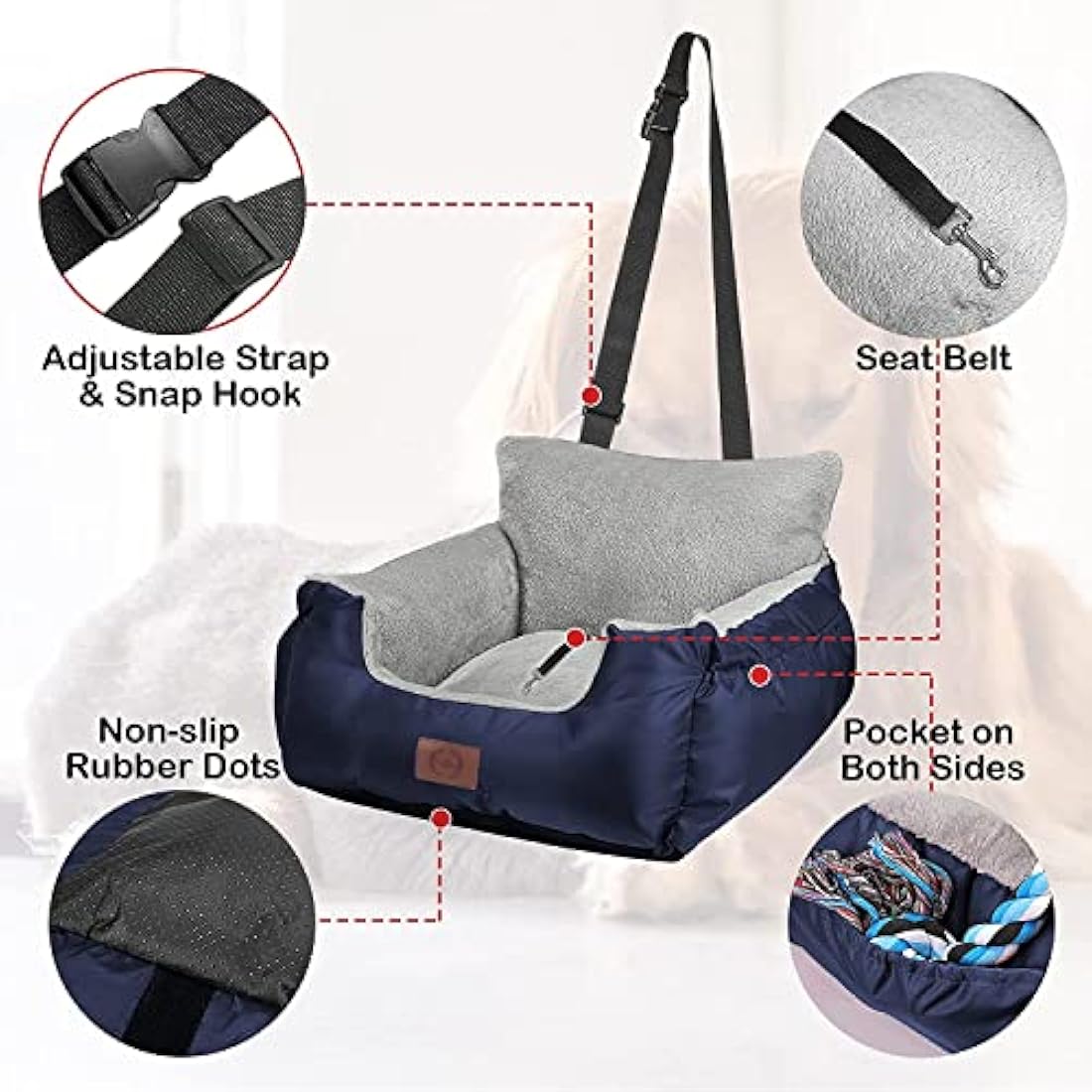 Dog Booster Seat - Waterproof Plush Car Travel Bed, Navy