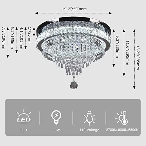 FRIXCHUR 19.7'' Crystal Chandelier - Modern Dimmable LED Flush Mount Light