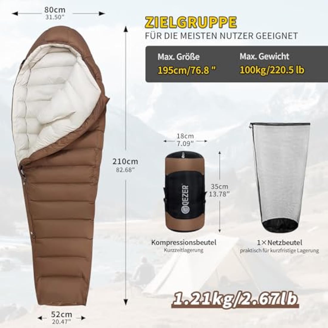 QEZER Winter Down Sleeping Bag – 660FP Duck Down Cold Weather Gear