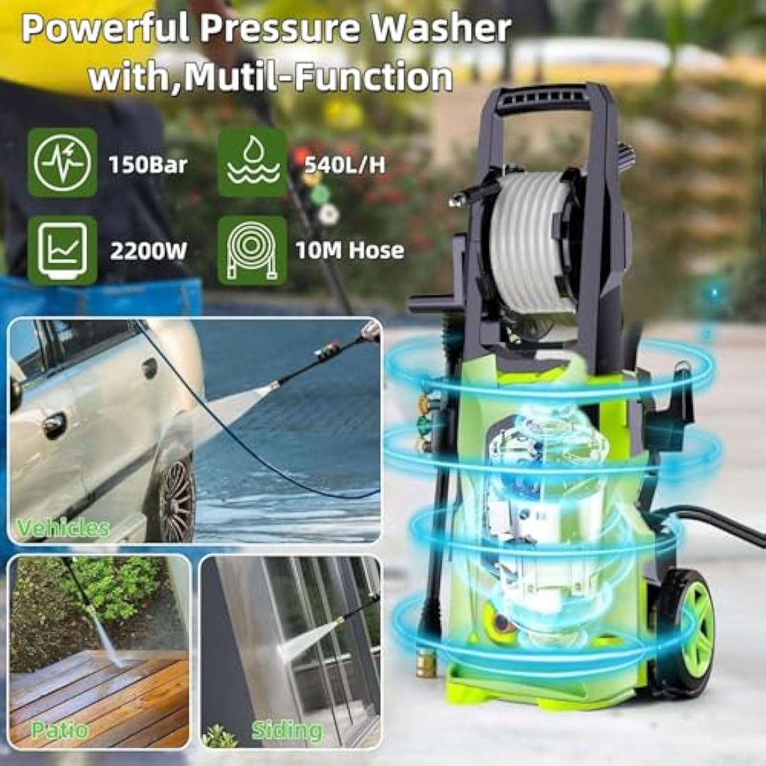 2200W Electric Pressure Washer | 150Bar Jet Washer with 10m Hose