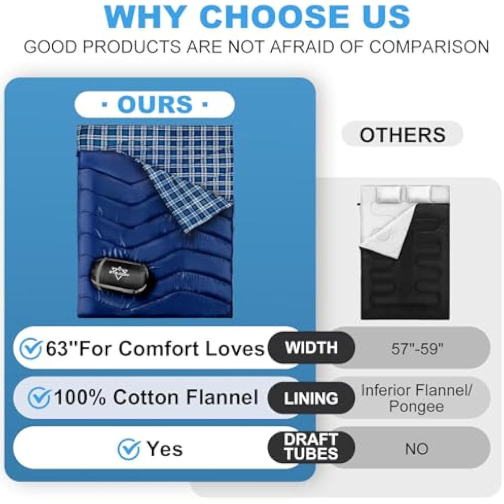 Double Sleeping Bag – XL Queen Cotton Flannel for Camping