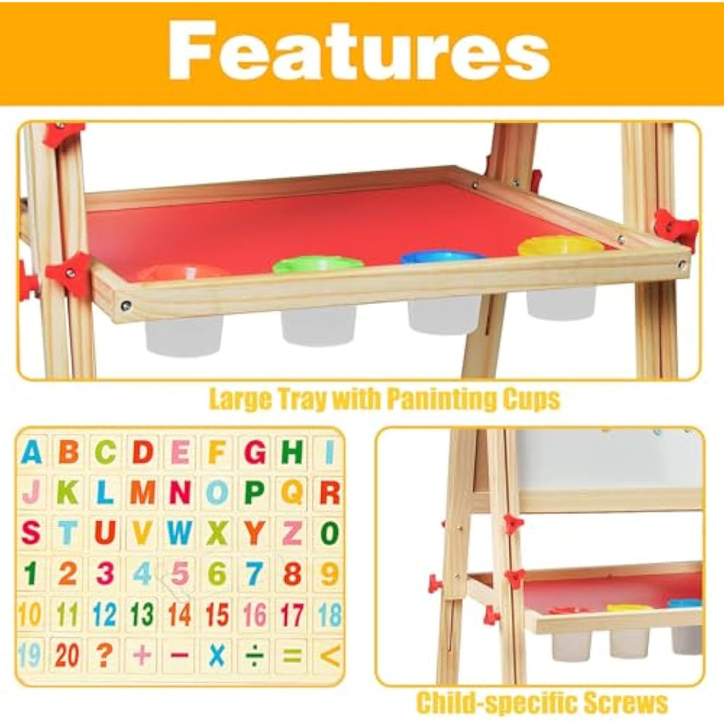 EAQ Kids Wooden Art Easel | Height Adjustable 3-in-1 Drawing Board