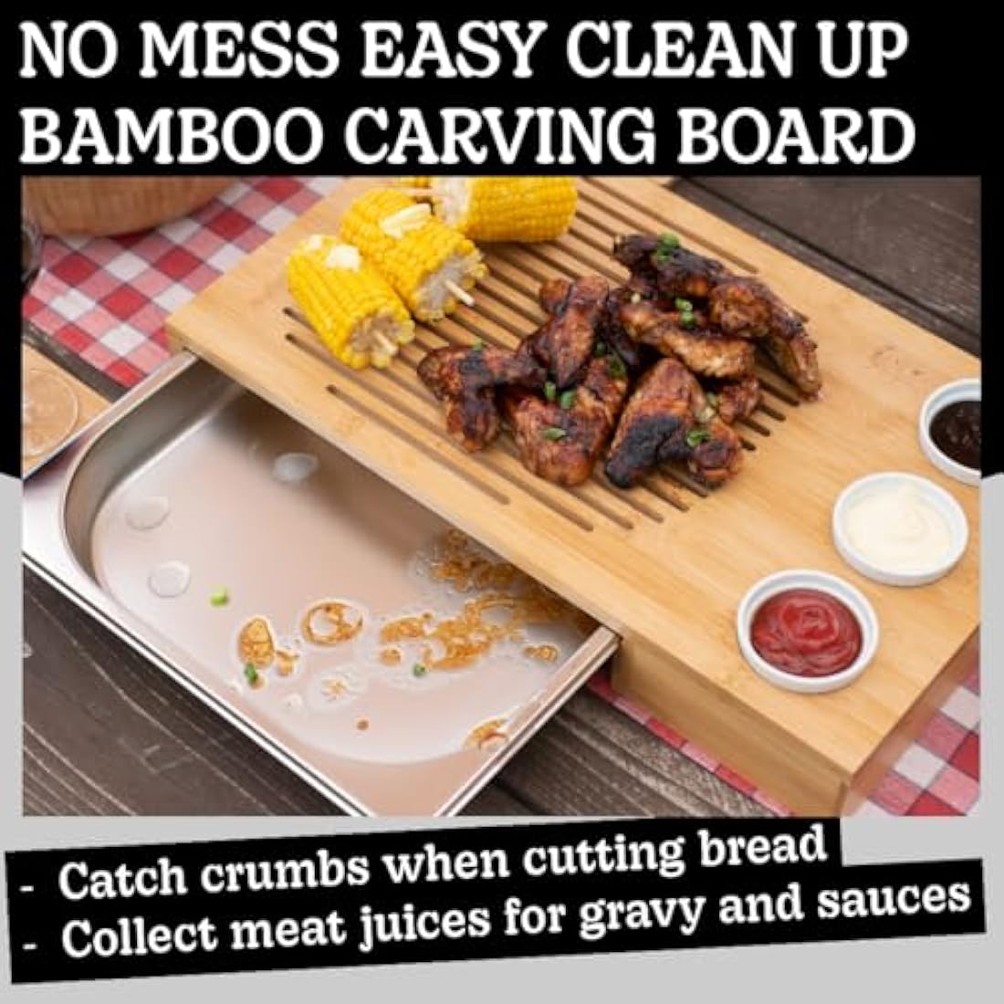 Dan&Co Bamboo Meat Carving Board with Drip Tray and 3 Dipping Pots