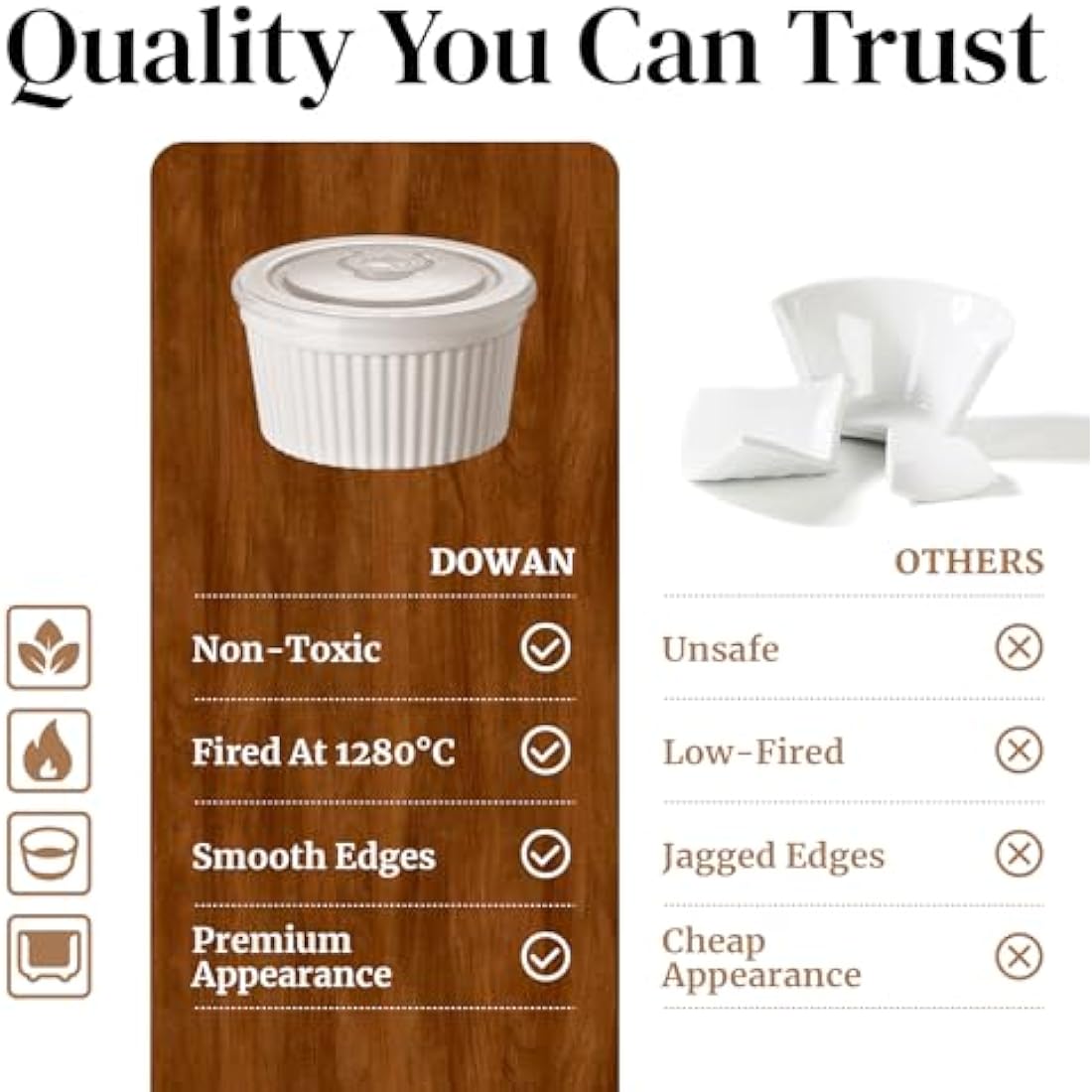 DOWAN 8 oz Porcelain Ramekins with Lids - White Soufflé Dishes, Set of 6