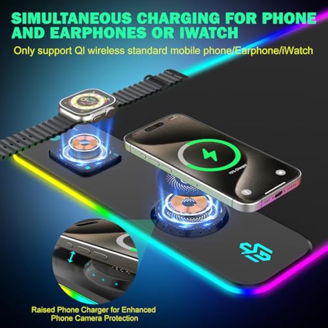 GIM RGB Gaming Mouse Pad – 15W Wireless Charging XXL LED Mat, Black