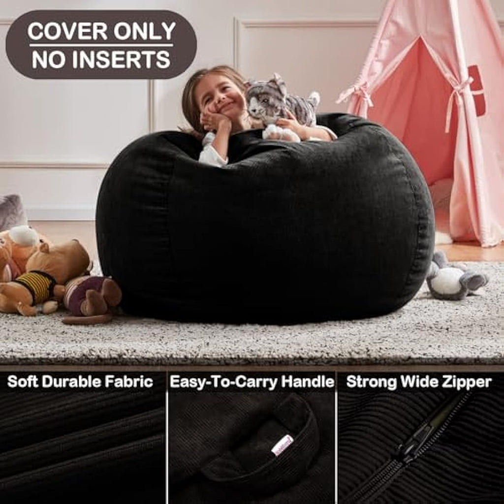 Nobildonna Corduroy Bean Bag Chair Cover | 300L Large Toy Storage - Black