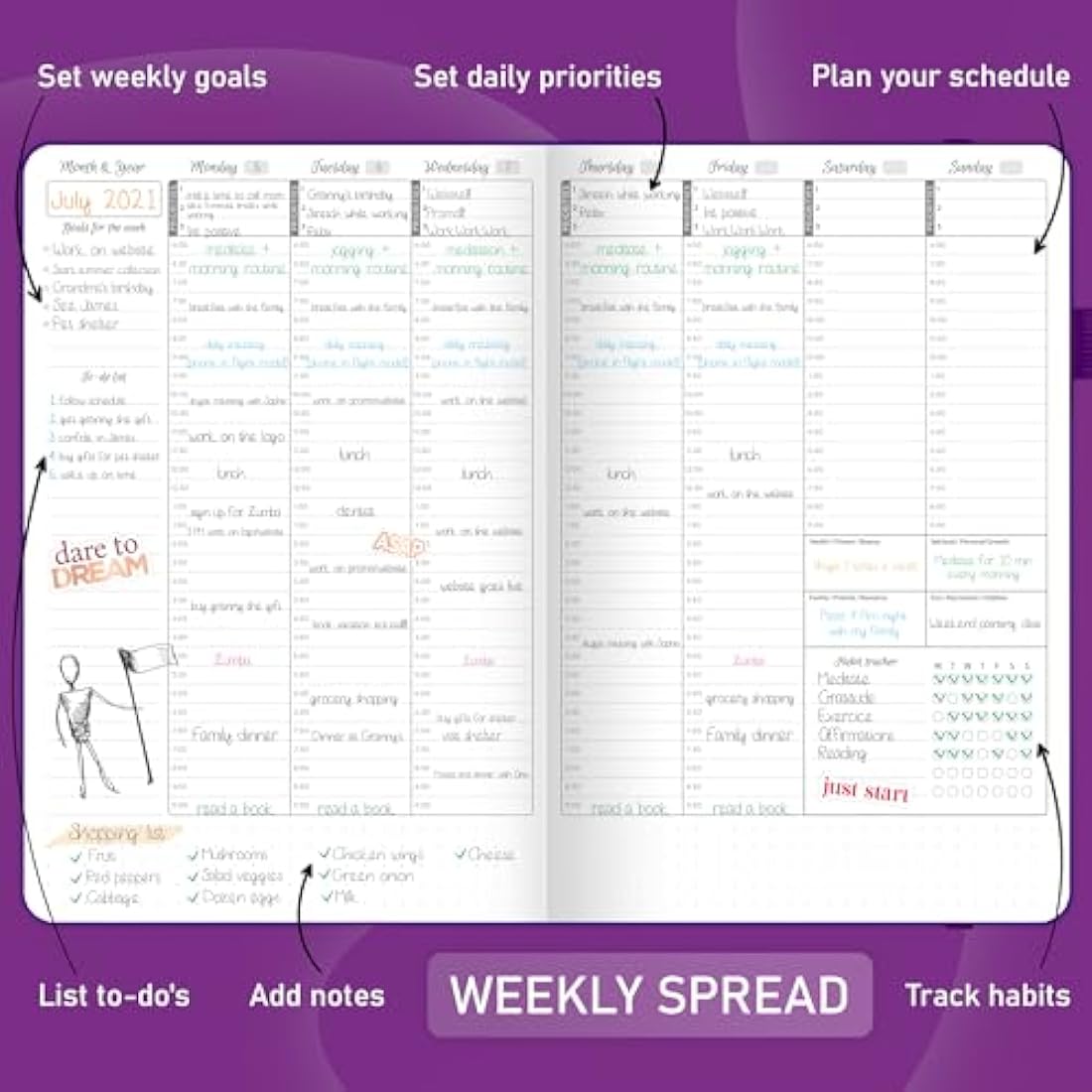 GoGirl Hourly Weekly Planner – A5 Undated Eco-Leather Agenda, Purple