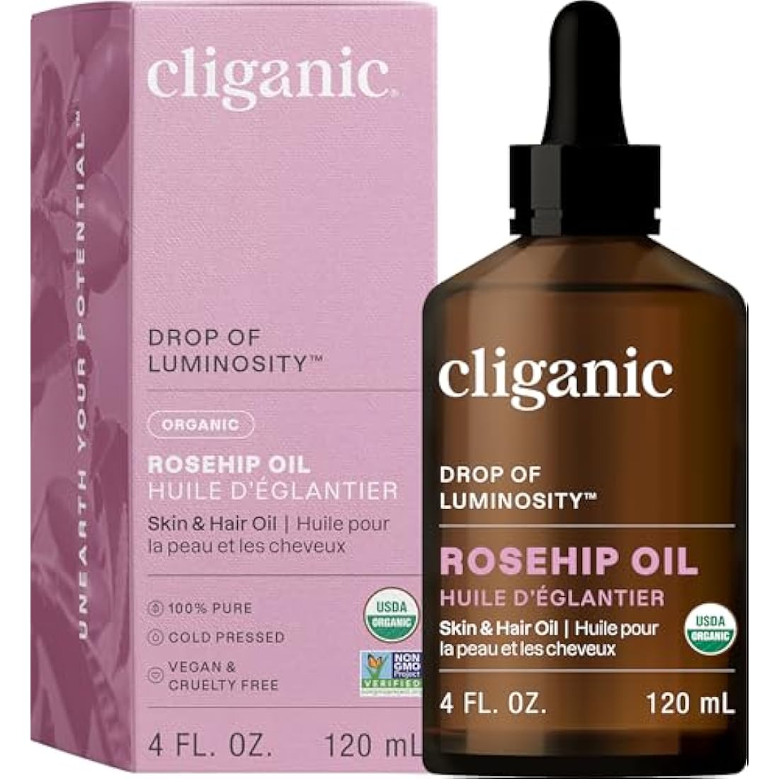 Cliganic Organic Rosehip Oil | 100% Pure Cold Pressed for Face & Hair