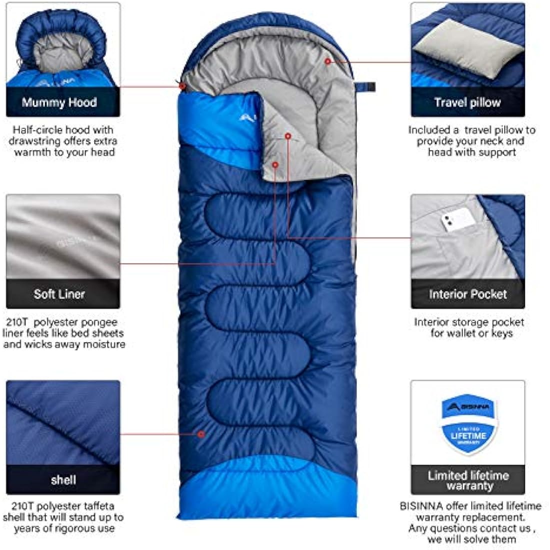 BISINNA 4-Season Sleeping Bag with Pillow | Waterproof & Lightweight