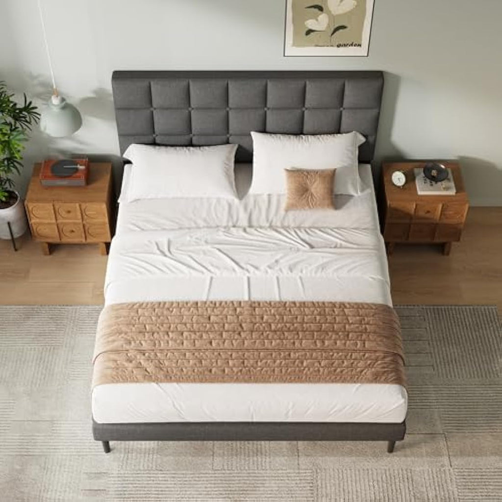 Double Upholstered Platform Bed Frame with Headboard – Gray